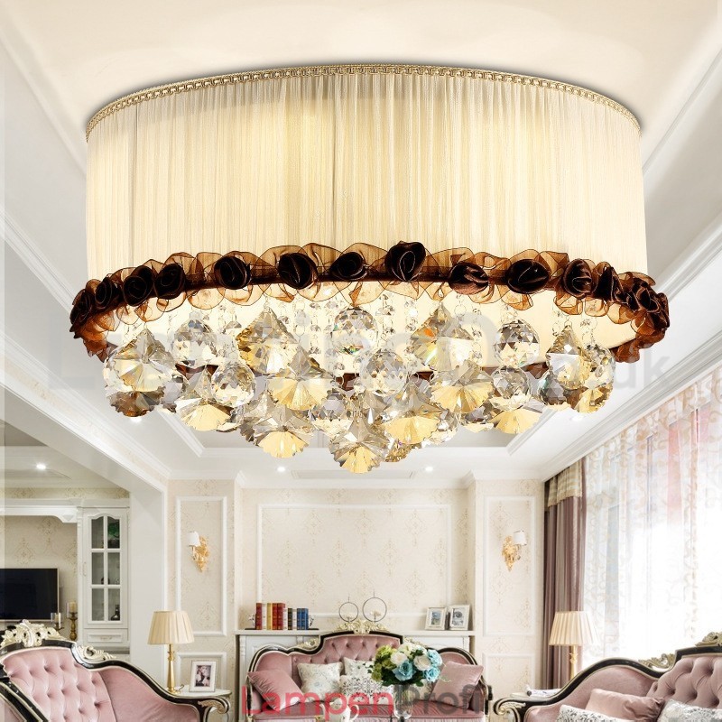 Zeitgenössische moderne 50CM Runde Flush Mount Kristall Deckenleuchten Stoff Schatten