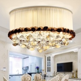 Zeitgenössische moderne 50CM Runde Flush Mount Kristall Deckenleuchten Stoff Schatten