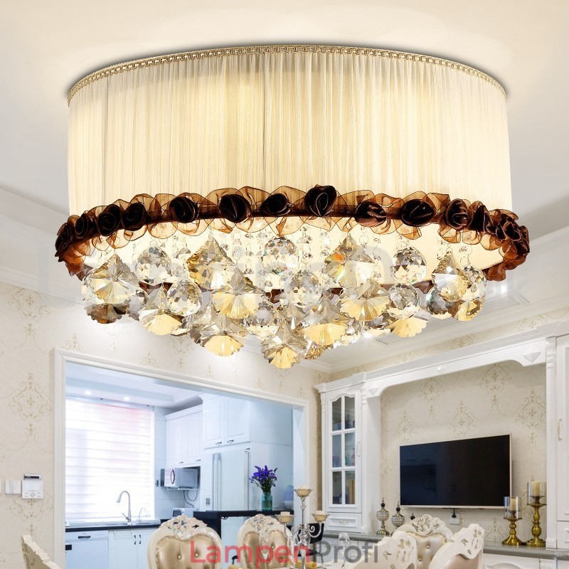 Zeitgenössische moderne 50CM Runde Flush Mount Kristall Deckenleuchten Stoff Schatten