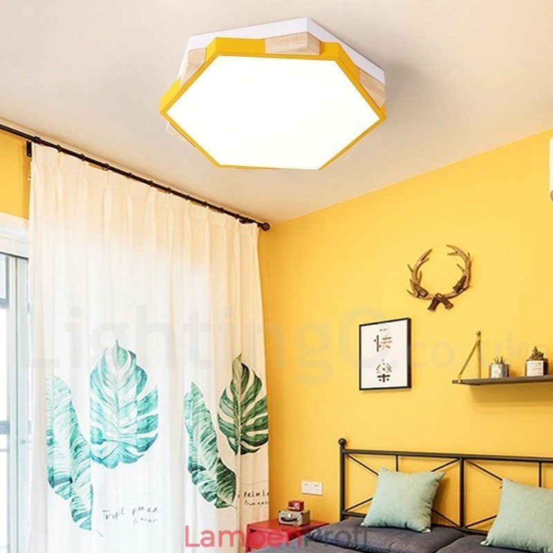 Dimmbare mehrfarbige sechseckige Deckenleuchte aus Holz mit Acrylschirm, Deckenlampe im nordischen Stil