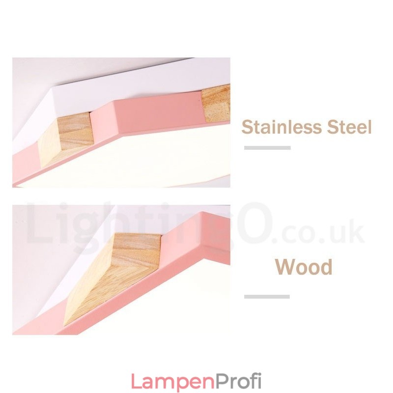 Dimmbare mehrfarbige sechseckige Deckenleuchte aus Holz mit Acrylschirm, Deckenlampe im nordischen Stil
