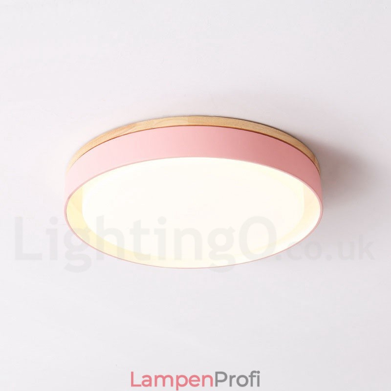 Dimmbare mehrfarbige runde Deckenleuchte aus Holz mit Acrylschirm, Deckenlampe im nordischen Stil