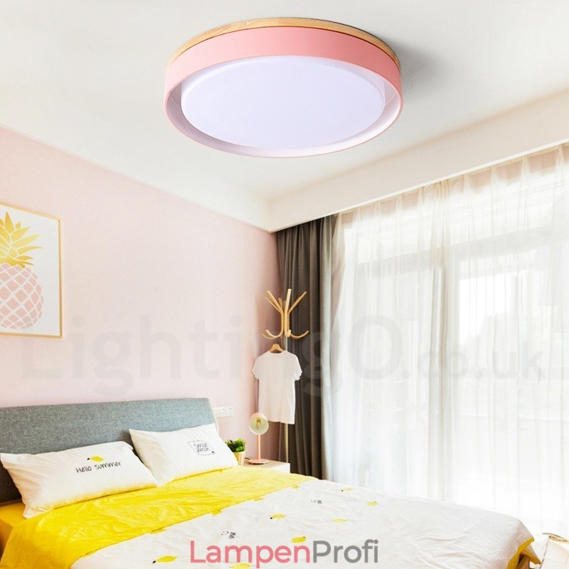 Dimmbare mehrfarbige runde Deckenleuchte aus Holz mit Acrylschirm, Deckenlampe im nordischen Stil