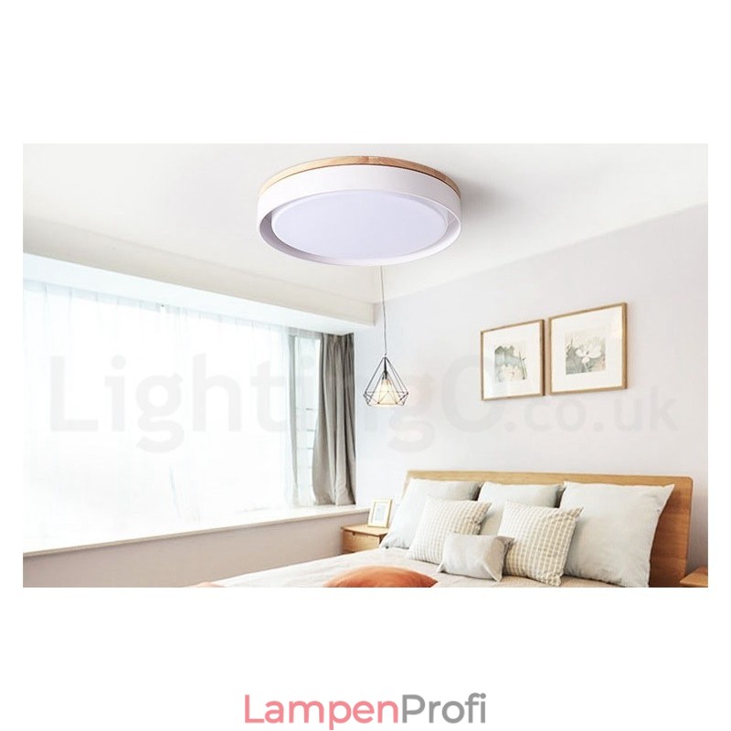 Dimmbare mehrfarbige runde Deckenleuchte aus Holz mit Acrylschirm, Deckenlampe im nordischen Stil