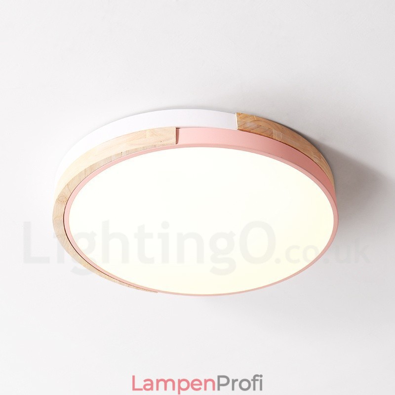 Dimmbare mehrfarbige runde Deckenleuchte aus Holz mit Acrylschirm, Deckenlampe im nordischen Stil