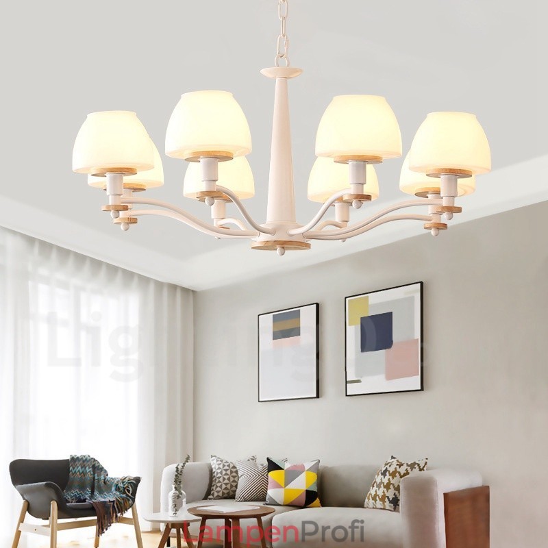 6-flammig 8-flammig Mehrfarbig Macaron Holz Pendelleuchte mit Glasschirmen Kronleuchter Nordischer Stil