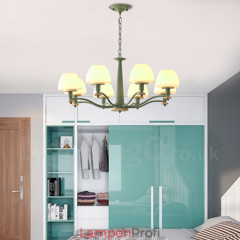 6-flammig 8-flammig Mehrfarbig Macaron Holz Pendelleuchte mit Glasschirmen Kronleuchter Nordischer Stil