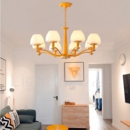 6-flammig 8-flammig Mehrfarbig Macaron Holz Pendelleuchte mit Glasschirmen Kronleuchter Nordischer Stil