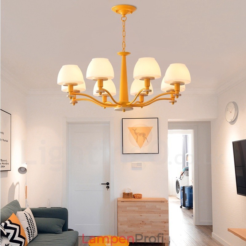 6-flammig 8-flammig Mehrfarbig Macaron Holz Pendelleuchte mit Glasschirmen Kronleuchter Nordischer Stil