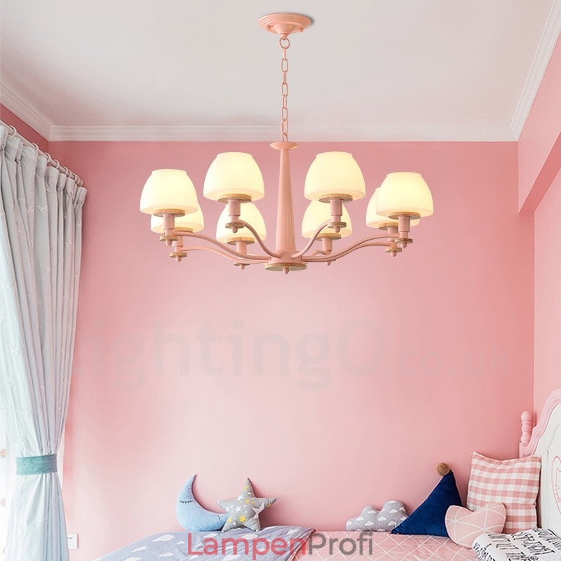 6-flammig 8-flammig Mehrfarbig Macaron Holz Pendelleuchte mit Glasschirmen Kronleuchter Nordischer Stil