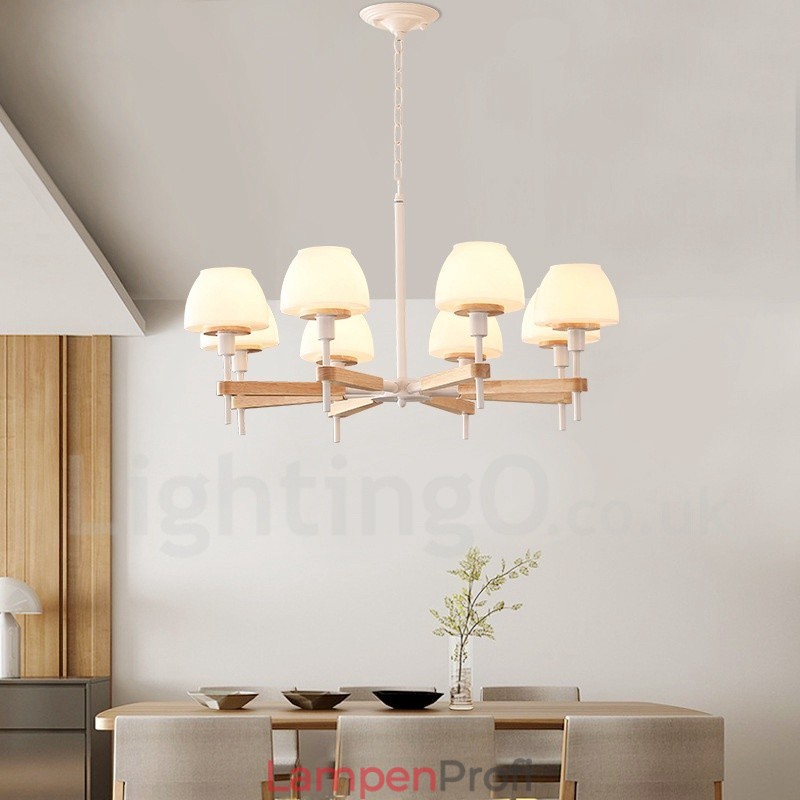 6-flammig 8-flammig Mehrfarbig Macaron Holz Pendelleuchte mit Glasschirmen Kronleuchter Nordischer Stil