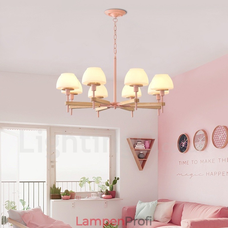 6-flammig 8-flammig Mehrfarbig Macaron Holz Pendelleuchte mit Glasschirmen Kronleuchter Nordischer Stil