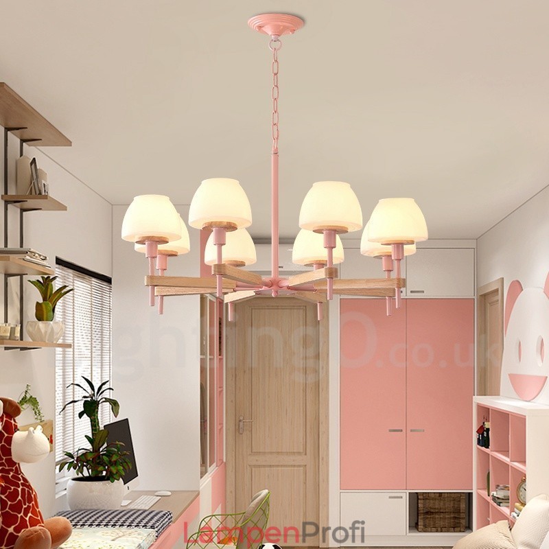 6-flammig 8-flammig Mehrfarbig Macaron Holz Pendelleuchte mit Glasschirmen Kronleuchter Nordischer Stil