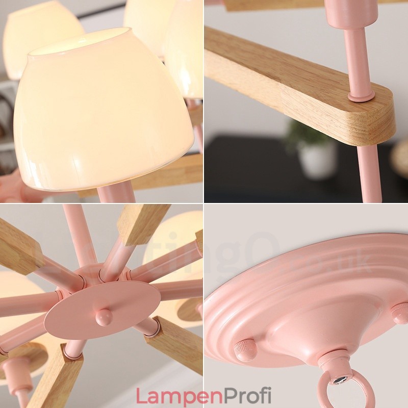 6-flammig 8-flammig Mehrfarbig Macaron Holz Pendelleuchte mit Glasschirmen Kronleuchter Nordischer Stil