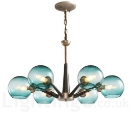 Rustikaler Kronleuchter im Retro-Vintage-Stil „Magic Bean“ mit mehrfarbigen Glasschirmen
