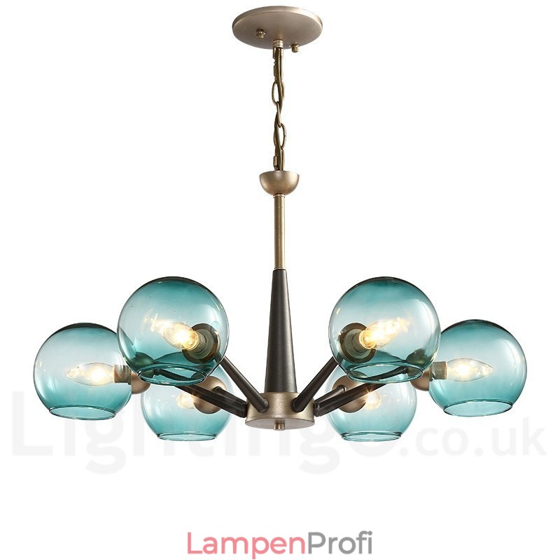 Rustikaler Kronleuchter im Retro-Vintage-Stil „Magic Bean“ mit mehrfarbigen Glasschirmen