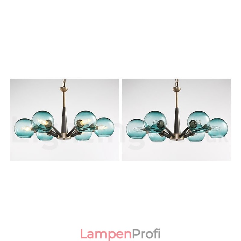 Rustikaler Kronleuchter im Retro-Vintage-Stil „Magic Bean“ mit mehrfarbigen Glasschirmen