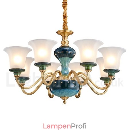 Retro Vintage Messing Keramik Anhänger Kerze Kronleuchter mit Glasschirmen Retro Vintage Messing Keramik Anhänger Kerze Kronleuchter mit Glasschirmen