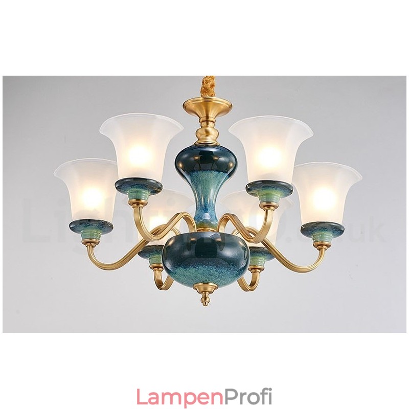 Retro Vintage Messing Keramik Anhänger Kerze Kronleuchter mit Glasschirmen