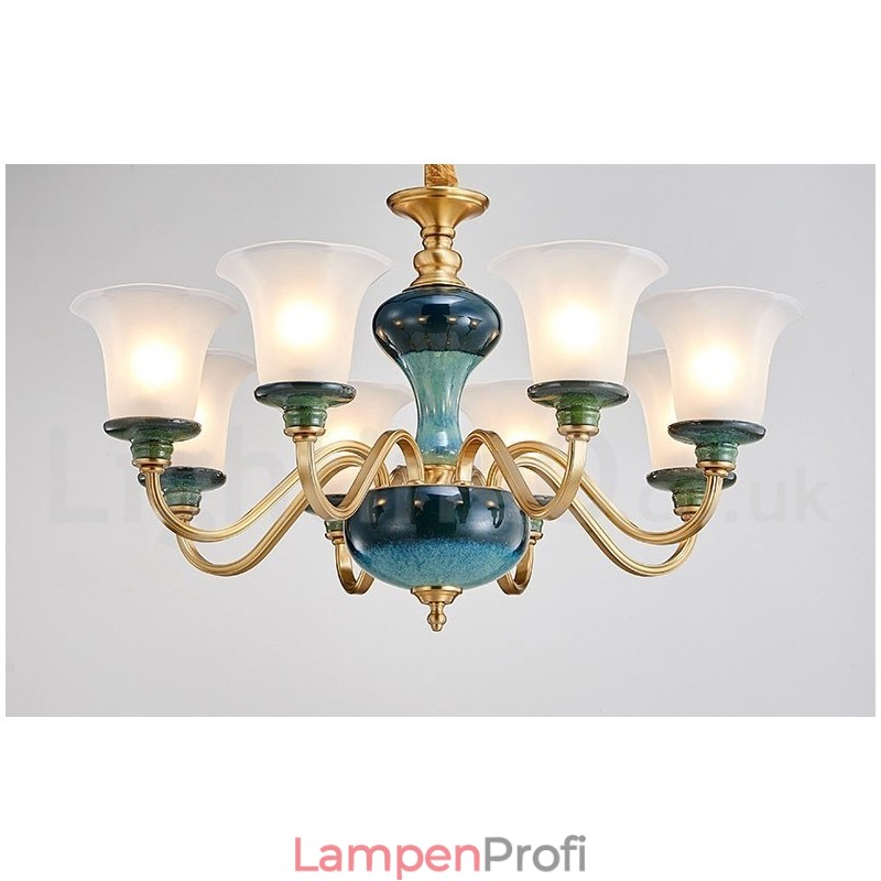 Retro Vintage Messing Keramik Anhänger Kerze Kronleuchter mit Glasschirmen
