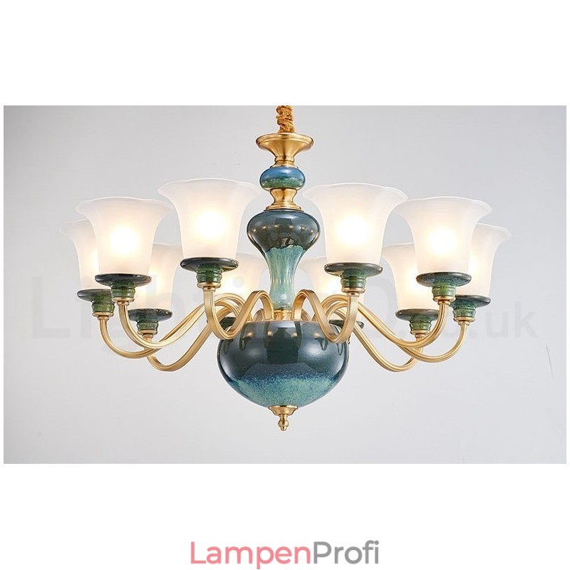 Retro Vintage Messing Keramik Anhänger Kerze Kronleuchter mit Glasschirmen
