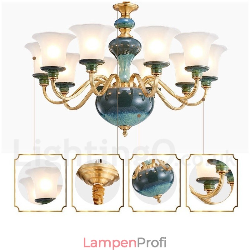 Retro Vintage Messing Keramik Anhänger Kerze Kronleuchter mit Glasschirmen