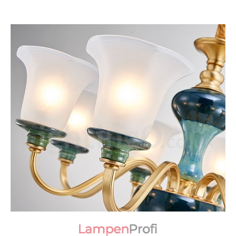 Retro Vintage Messing Keramik Anhänger Kerze Kronleuchter mit Glasschirmen