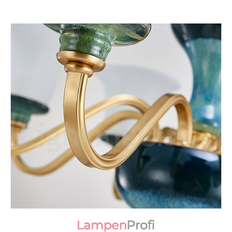 Retro Vintage Messing Keramik Anhänger Kerze Kronleuchter mit Glasschirmen