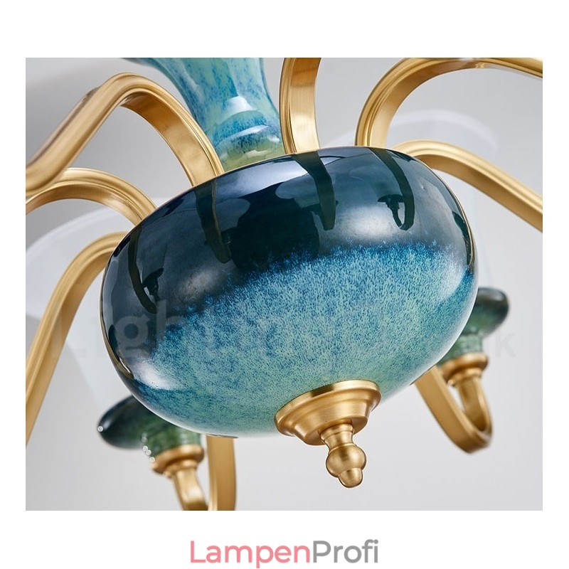 Retro Vintage Messing Keramik Anhänger Kerze Kronleuchter mit Glasschirmen