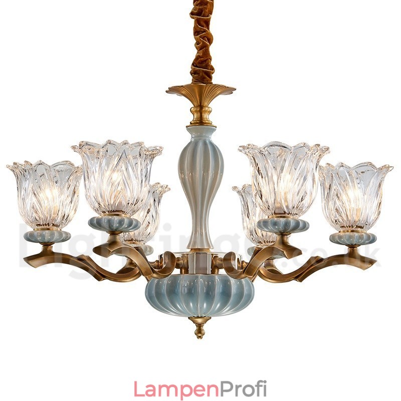 Retro Vintage Messing Keramik Anhänger Kerze Kronleuchter mit Glasschirmen