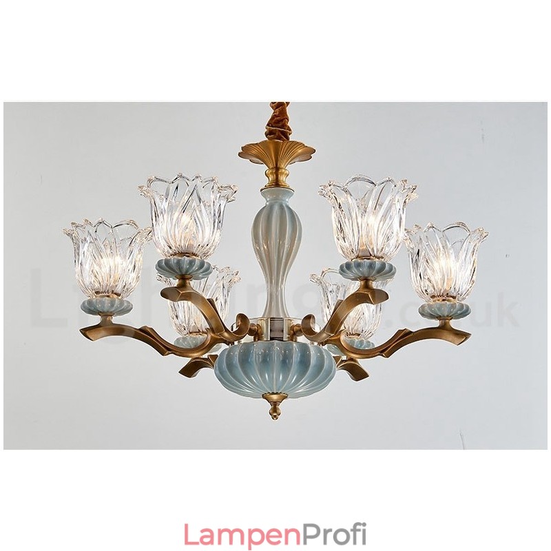 Retro Vintage Messing Keramik Anhänger Kerze Kronleuchter mit Glasschirmen