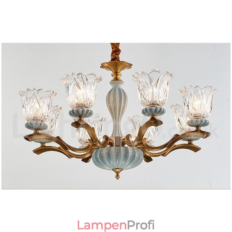 Retro Vintage Messing Keramik Anhänger Kerze Kronleuchter mit Glasschirmen