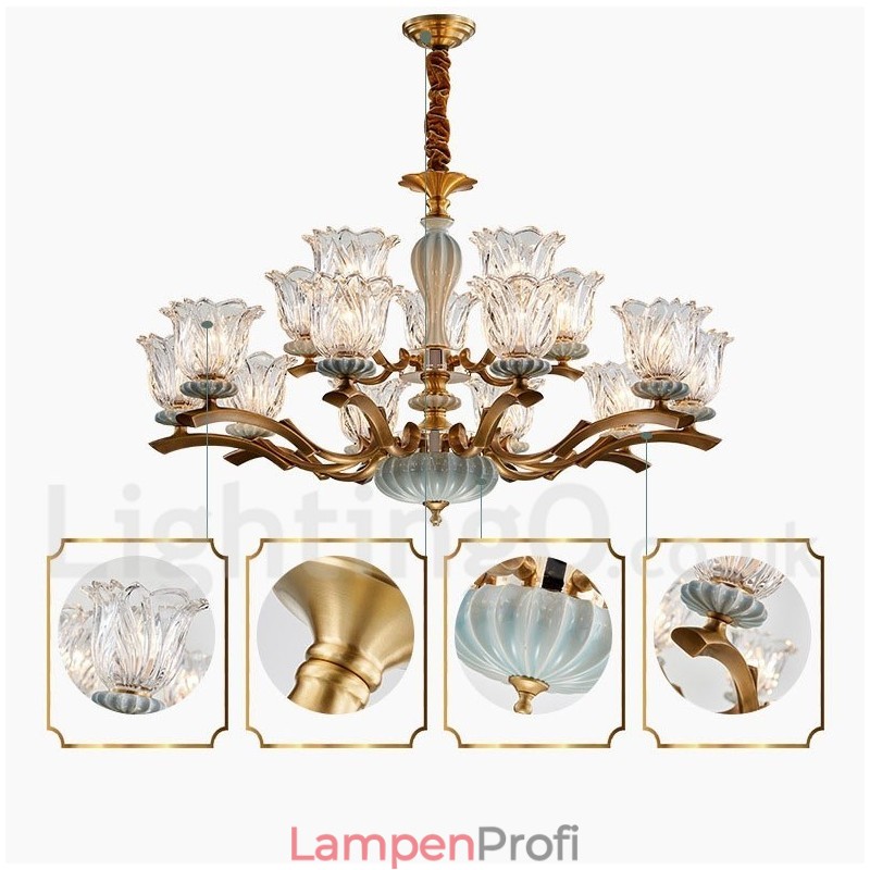 Retro Vintage Messing Keramik Anhänger Kerze Kronleuchter mit Glasschirmen