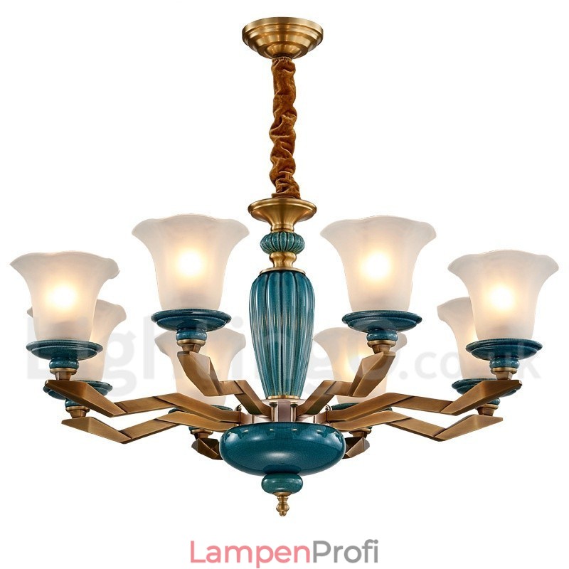 Retro Vintage Messing Keramik Anhänger Kerze Kronleuchter mit Glasschirmen