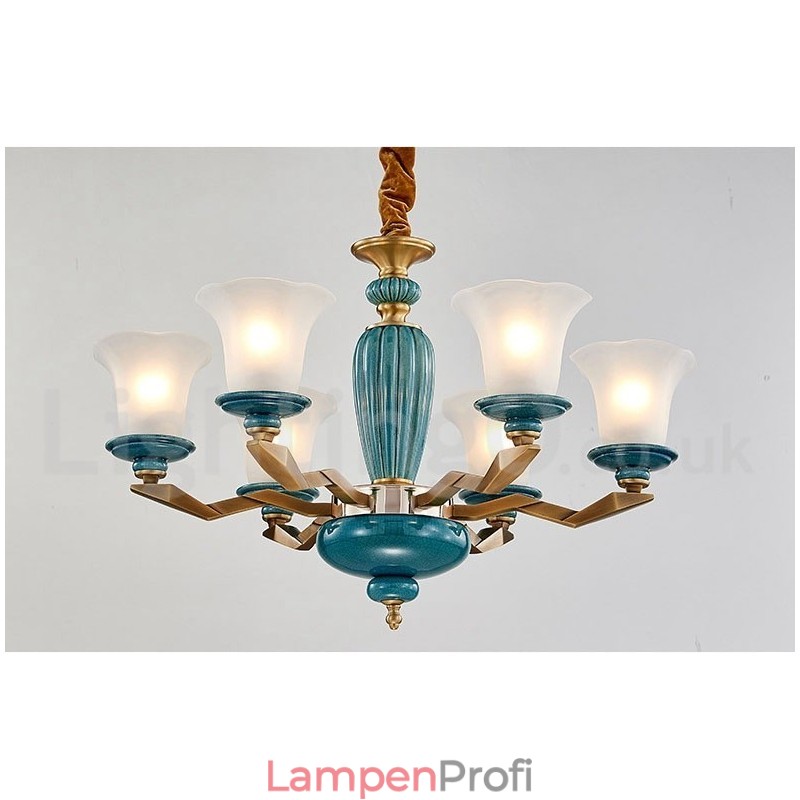 Retro Vintage Messing Keramik Anhänger Kerze Kronleuchter mit Glasschirmen