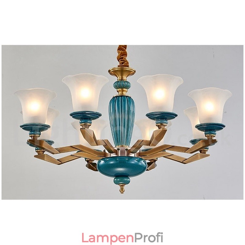 Retro Vintage Messing Keramik Anhänger Kerze Kronleuchter mit Glasschirmen