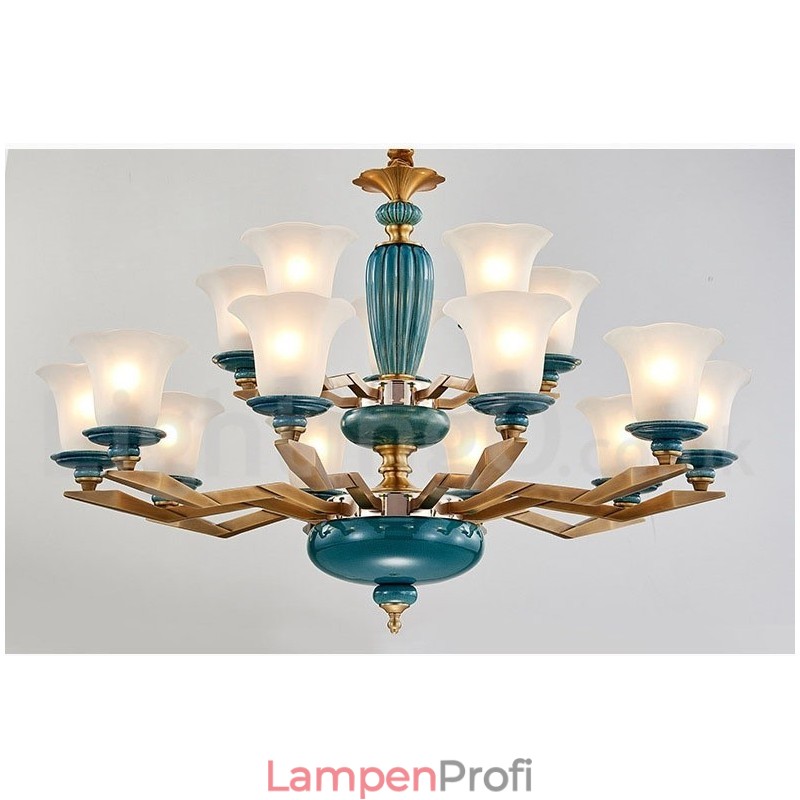 Retro Vintage Messing Keramik Anhänger Kerze Kronleuchter mit Glasschirmen