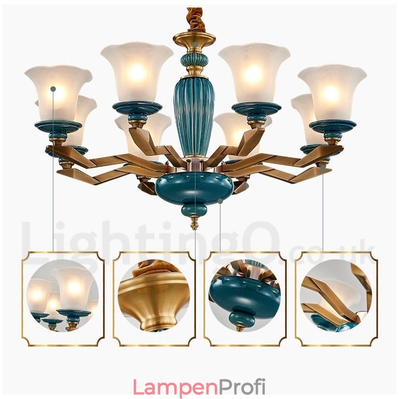 Retro Vintage Messing Keramik Anhänger Kerze Kronleuchter mit Glasschirmen