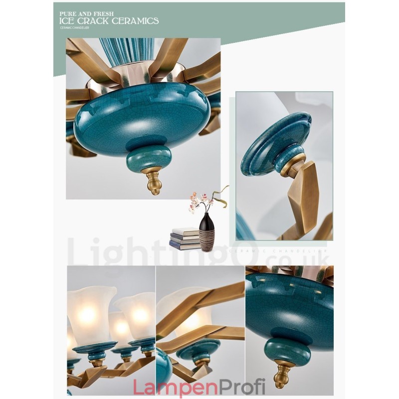 Retro Vintage Messing Keramik Anhänger Kerze Kronleuchter mit Glasschirmen