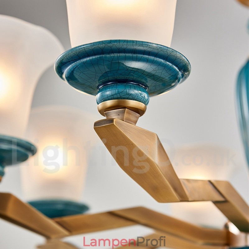 Retro Vintage Messing Keramik Anhänger Kerze Kronleuchter mit Glasschirmen
