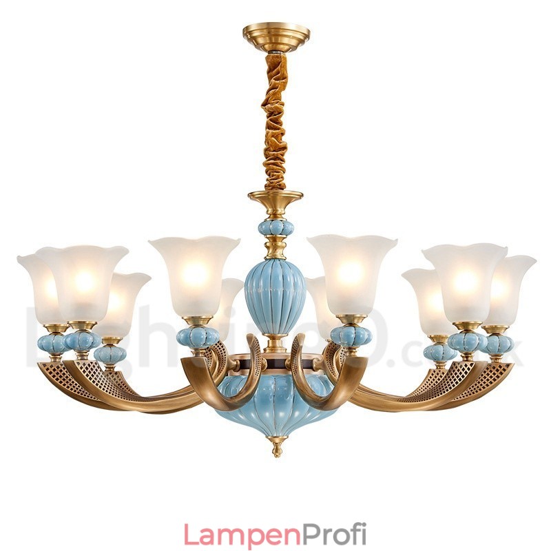 Retro Vintage Messing Keramik Anhänger Kerze Kronleuchter mit Glasschirmen