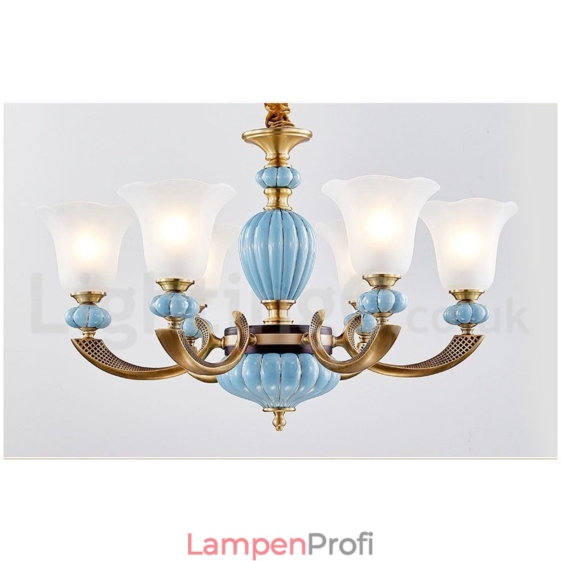 Retro Vintage Messing Keramik Anhänger Kerze Kronleuchter mit Glasschirmen