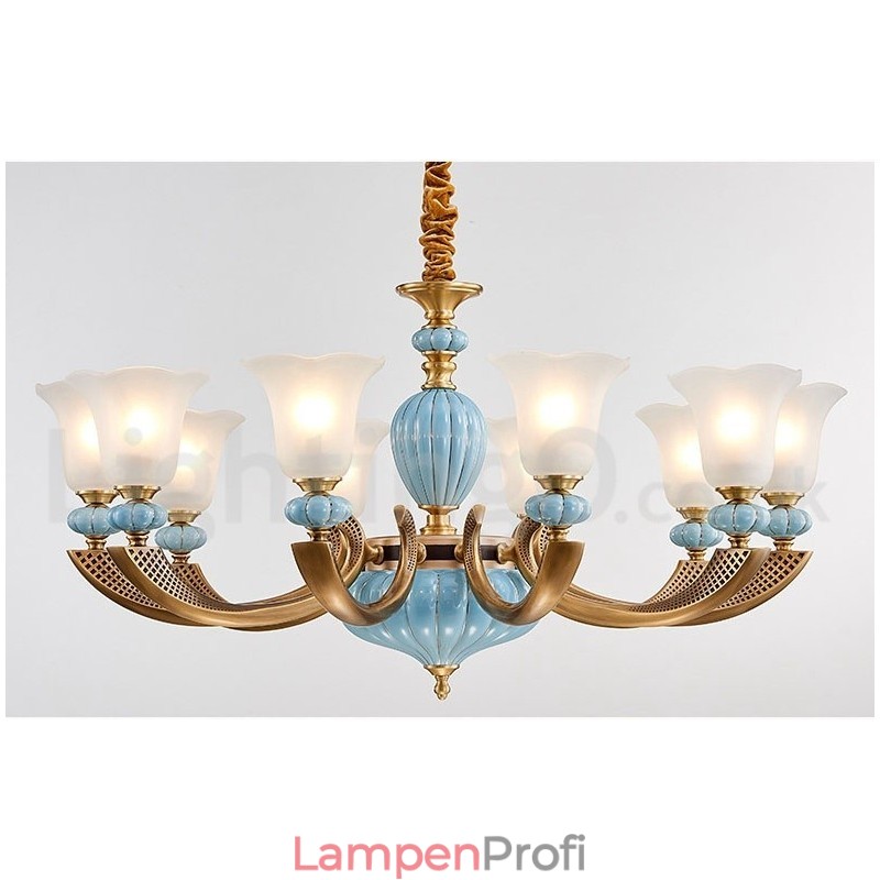 Retro Vintage Messing Keramik Anhänger Kerze Kronleuchter mit Glasschirmen