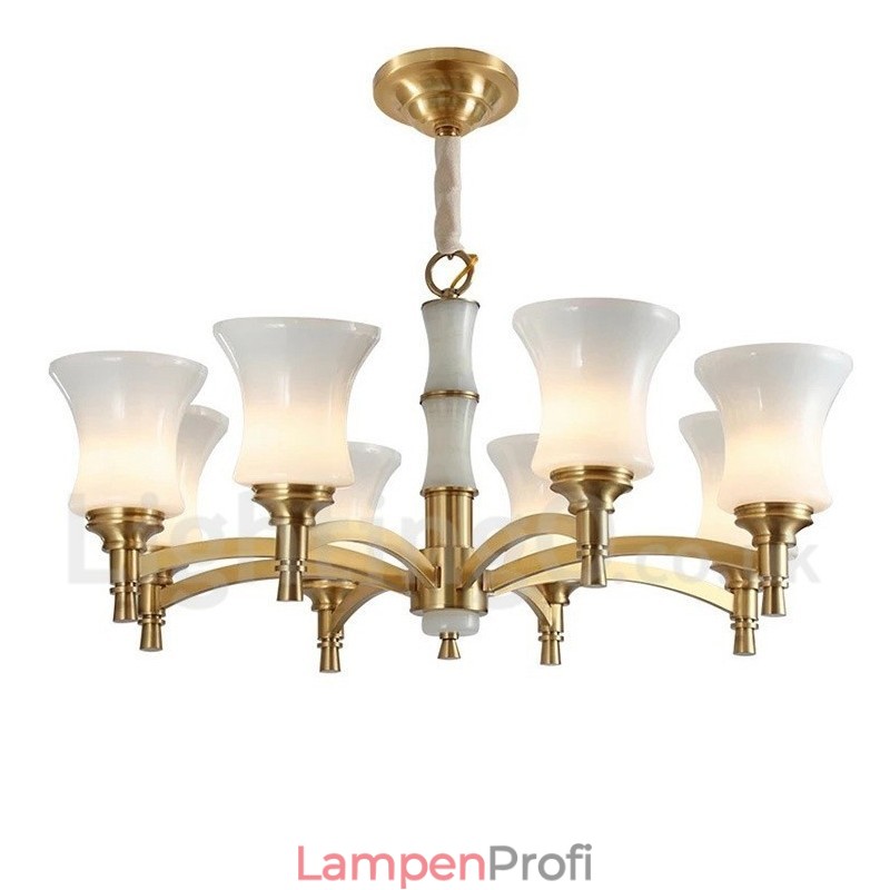 Luxuriöser rustikaler Retro-Kerzenleuchter aus reinem Messing im Vintage-Stil mit Steinanhänger und Glasschirmen