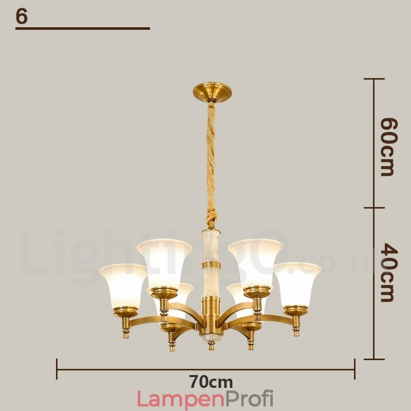 Luxuriöser rustikaler Retro-Kerzenleuchter aus reinem Messing im Vintage-Stil mit Steinanhänger und Glasschirmen