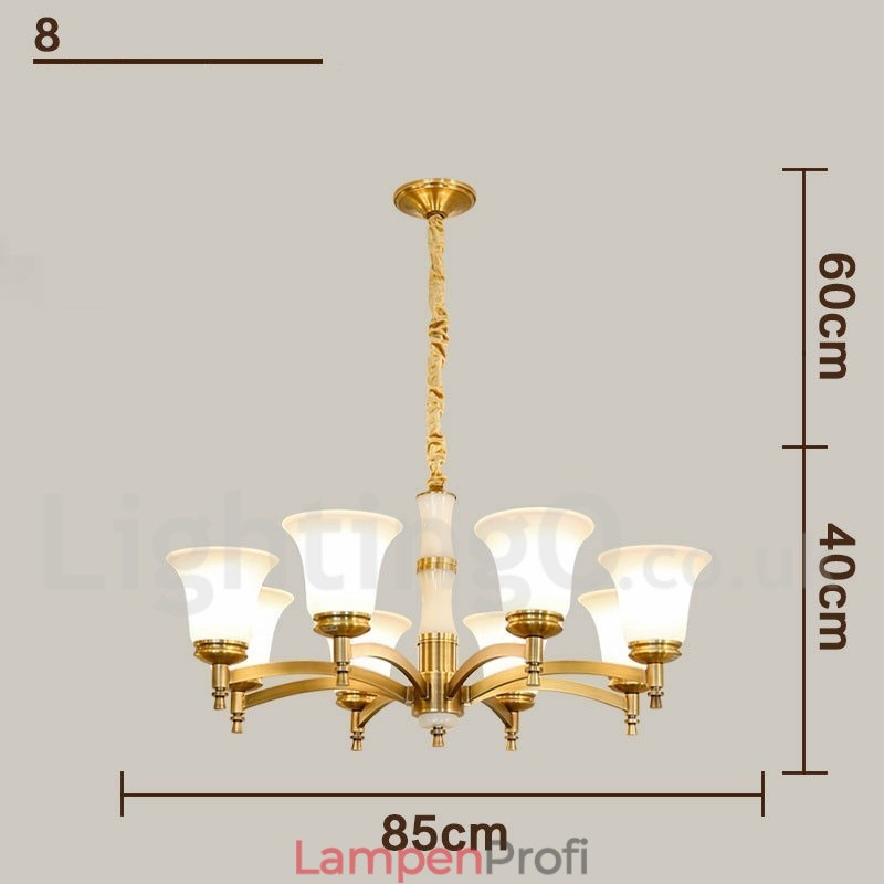 Luxuriöser rustikaler Retro-Kerzenleuchter aus reinem Messing im Vintage-Stil mit Steinanhänger und Glasschirmen