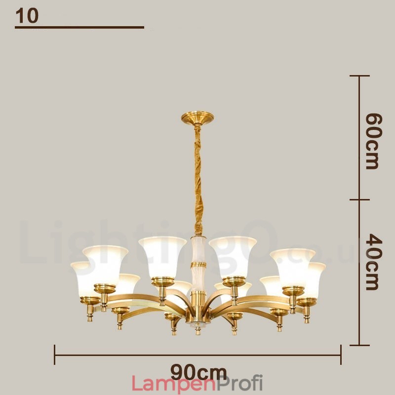 Luxuriöser rustikaler Retro-Kerzenleuchter aus reinem Messing im Vintage-Stil mit Steinanhänger und Glasschirmen