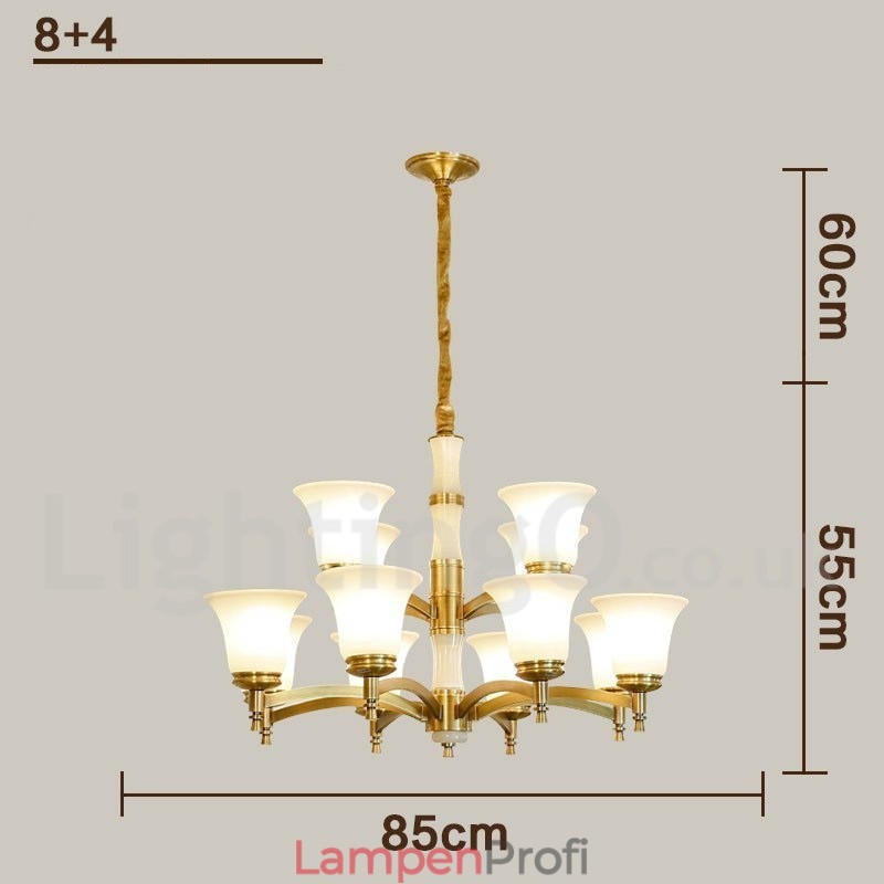 Luxuriöser rustikaler Retro-Kerzenleuchter aus reinem Messing im Vintage-Stil mit Steinanhänger und Glasschirmen