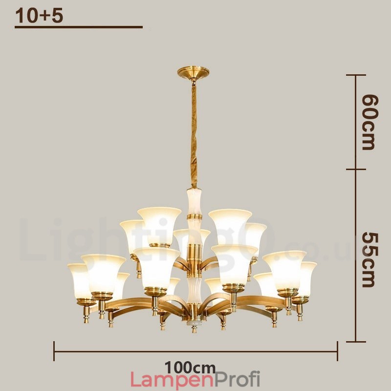 Luxuriöser rustikaler Retro-Kerzenleuchter aus reinem Messing im Vintage-Stil mit Steinanhänger und Glasschirmen