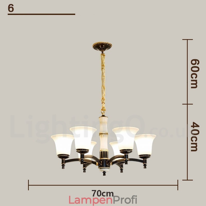 Luxuriöser rustikaler Retro-Kerzenleuchter aus reinem Messing im Vintage-Stil mit Steinanhänger und Glasschirmen